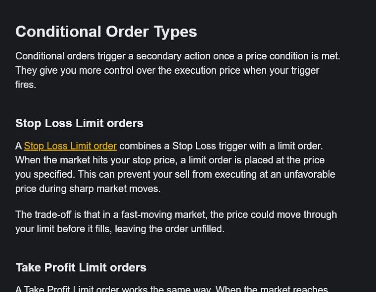 Binance Academy 訂單類型文章中的條件訂單與 Stop Loss Limit 說明